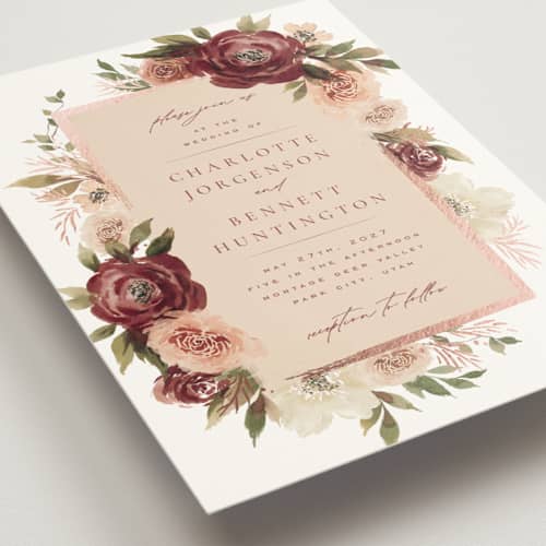 This is a peony foil stamped wedding invitations with foil pressed by Wildfield Paper Co called romantic frame printing on signature in standard