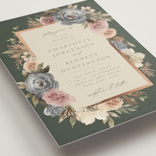 This is a blossom foil stamped wedding invitations with foil pressed by Wildfield Paper Co called romantic frame printing on signature in standard
