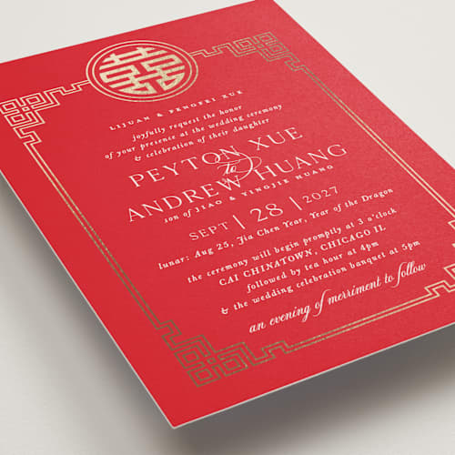 This is a ruby foil stamped wedding invitations with foil pressed by Melanie Kosuge called happiness x 2 printing on signature in standard