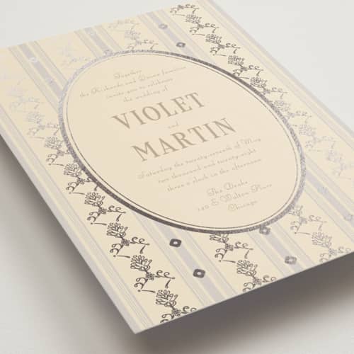 This is a champagne foil stamped wedding invitations with foil pressed by Baumbirdy called woven printing on signature in standard