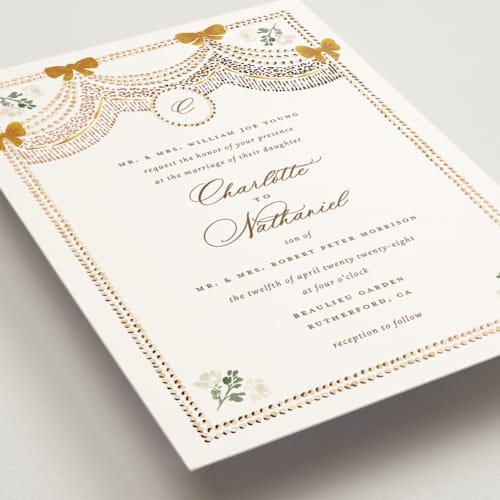 This is a amber foil stamped wedding invitations with foil pressed by Claudia Orengo called tuileries printing on signature in standard