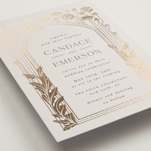 This is a snow foil stamped wedding invitations with foil pressed by Ana de Sousa called nouveau flowers printing on signature in standard