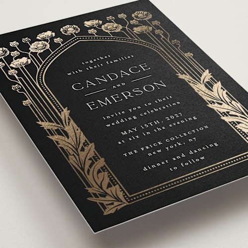 This is a onyx foil stamped wedding invitations with foil pressed by Ana de Sousa called nouveau flowers printing on signature in standard