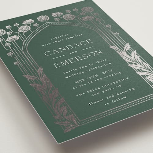This is a olive foil stamped wedding invitations with foil pressed by Ana de Sousa called nouveau flowers printing on signature in standard