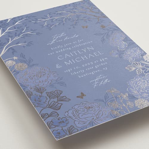 This is a evening periwinkle foil stamped wedding invitations with foil pressed by Grae called dancing in the garden printing on signature in standard