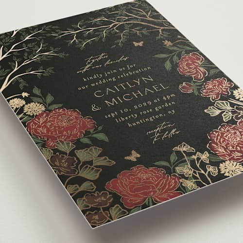 This is a royal garnet foil stamped wedding invitations with foil pressed by Grae called dancing in the garden printing on signature in standard