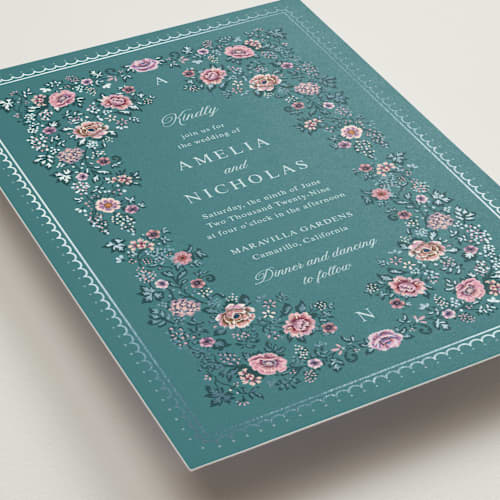 This is a ocean foil stamped wedding invitations with foil pressed by Paola Benenati called blooming path printing on signature in standard