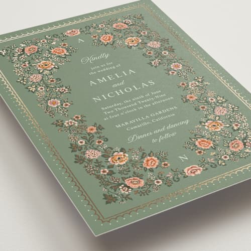 This is a sage foil stamped wedding invitations with foil pressed by Paola Benenati called blooming path printing on signature in standard