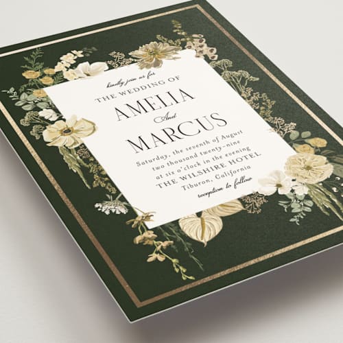 This is a gilded honey foil stamped wedding invitations with foil pressed by Susan Moyal called flourishing printing on signature in standard