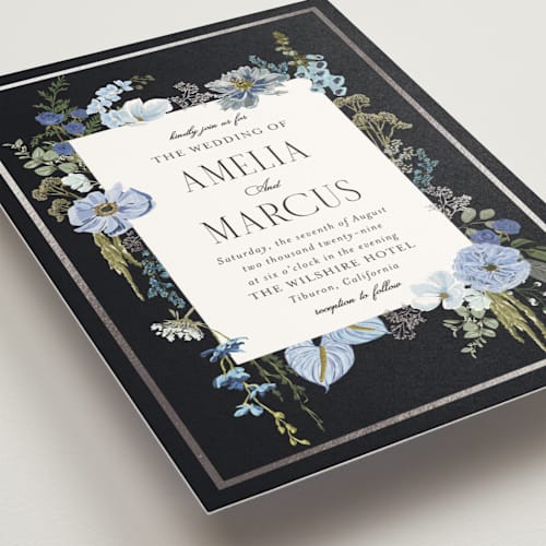 This is a ocean foil stamped wedding invitations with foil pressed by Susan Moyal called flouriishing printing on signature in standard