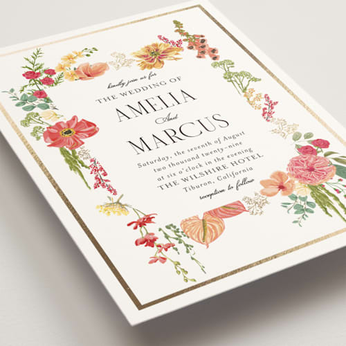This is a tropical foil stamped wedding invitations with foil pressed by Susan Moyal called flouriishing printing on signature in standard
