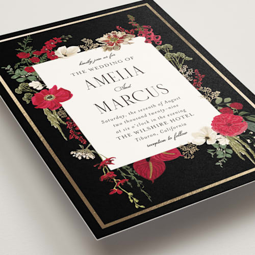 This is a crimson foil stamped wedding invitations with foil pressed by Susan Moyal called flouriishing printing on signature in standard