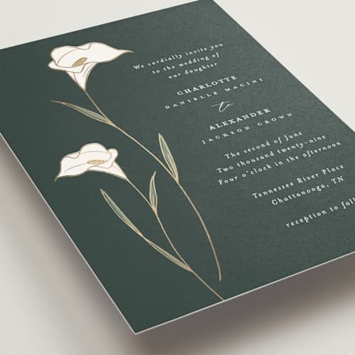 This is a forest foil stamped wedding invitations with foil pressed by Stacey Meacham called elegant lillies printing on signature in standard
