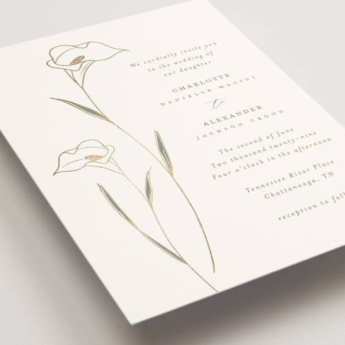 This is a cotton foil stamped wedding invitations with foil pressed by Stacey Meacham called elegant lillies printing on signature in standard
