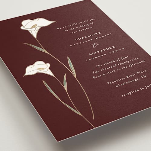 This is a claret foil stamped wedding invitations with foil pressed by Stacey Meacham called elegant lillies printing on signature in standard