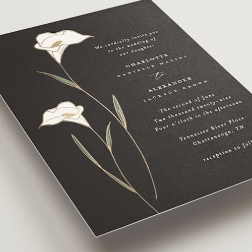 This is a ink foil stamped wedding invitations with foil pressed by Stacey Meacham called elegant lillies printing on signature in standard