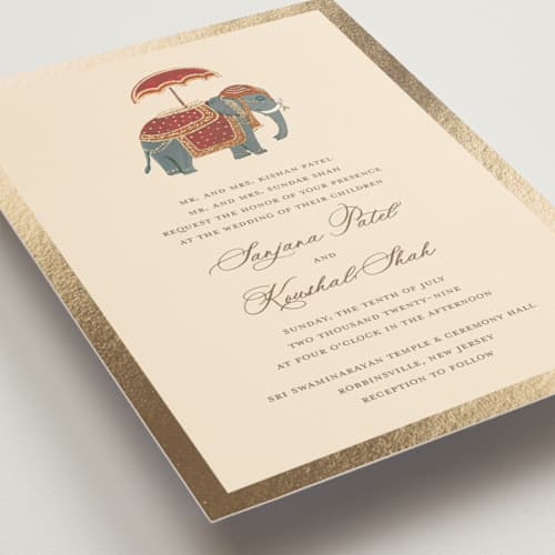 This is a honey foil stamped wedding invitations with foil pressed by Teju Reval called indian elephant printing on signature in standard
