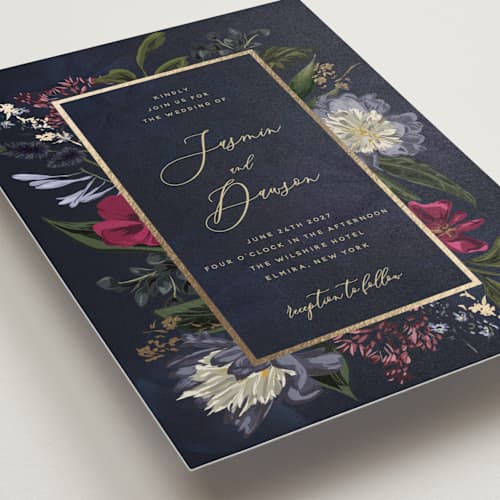 This is a jewel foil stamped wedding invitations with foil pressed by Susan Moyal called after midnight printing on signature in standard