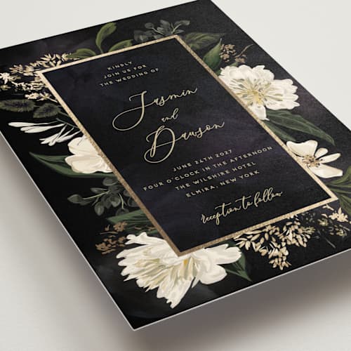 This is a tuxedo foil stamped wedding invitations with foil pressed by Susan Moyal called after midnight printing on signature in standard