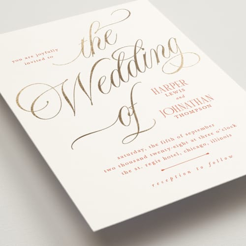 This is a sunset foil stamped wedding invitations with foil pressed by Kate Ahn called mirin printing on signature in standard