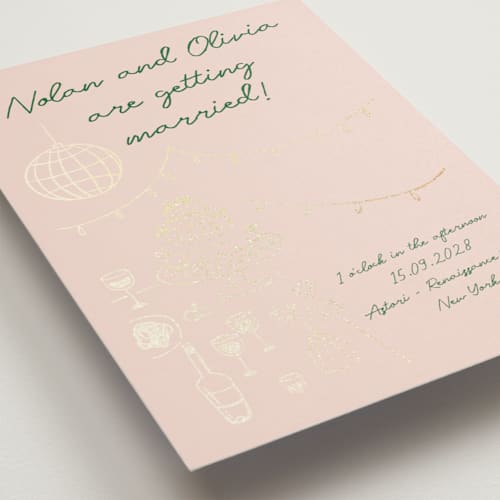 This is a verdant foil stamped wedding invitations with foil pressed by Zove Ahhh called party on! printing on signature in standard