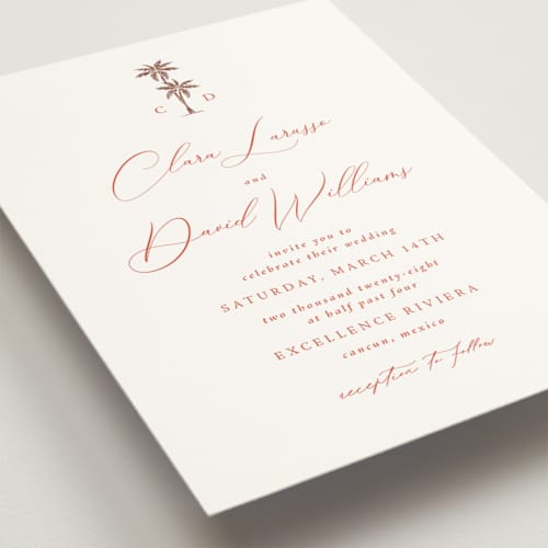 This is a persimmon foil stamped wedding invitations with foil pressed by Olivia Raufman called palm monogram printing on signature in standard