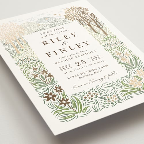 This is a forest foil stamped wedding invitations with foil pressed by Paper Sun Studio called in the country printing on signature in standard