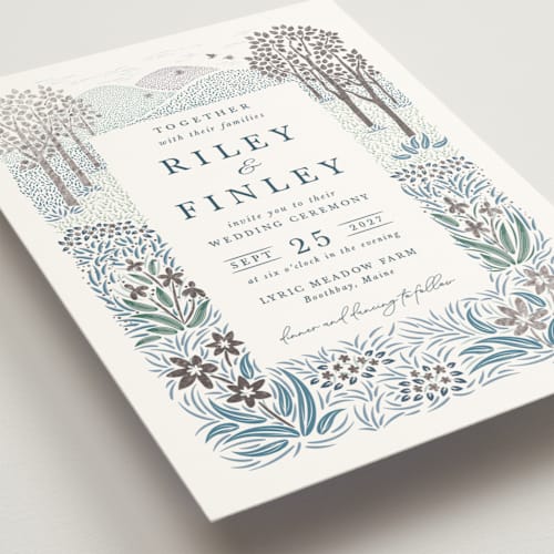 This is a cobalt foil stamped wedding invitations with foil pressed by Paper Sun Studio called in the country printing on signature in standard