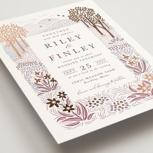 This is a plum foil stamped wedding invitations with foil pressed by Paper Sun Studio called in the country printing on signature in standard