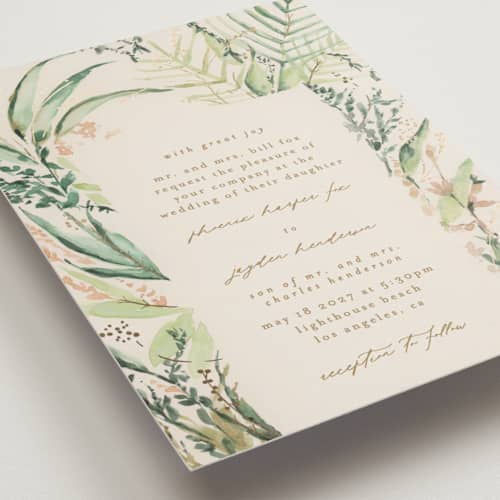 This is a greenery foil stamped wedding invitations with foil pressed by Phrosné Barwood called fresh tropical printing on signature in standard