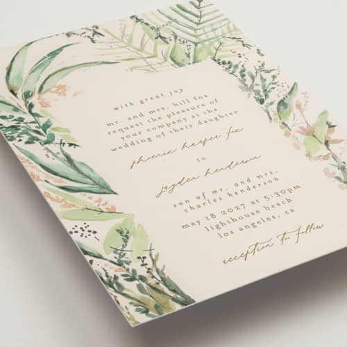 This is a greenery foil stamped wedding invitations with foil pressed by Phrosné Barwood called fresh tropical printing on signature in standard
