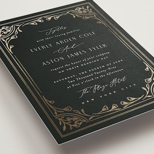 This is a onyx foil stamped wedding invitations with foil pressed by Nicoletta Savod called majesty printing on signature in standard