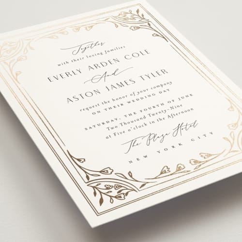 This is a chiffon foil stamped wedding invitations with foil pressed by Nicoletta Savod called majesty printing on signature in standard