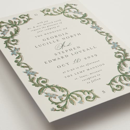 This is a bluebell foil stamped wedding invitations with foil pressed by Jen Owens called grandeur printing on signature in standard