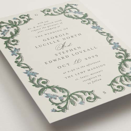This is a bluebell foil stamped wedding invitations with foil pressed by Jen Owens called grandeur printing on signature in standard