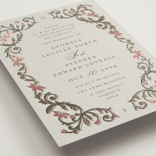 This is a burgundy foil stamped wedding invitations with foil pressed by Jen Owens called grandeur printing on signature in standard