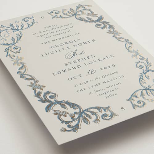 This is a buttercup foil stamped wedding invitations with foil pressed by Jen Owens called grandeur printing on signature in standard