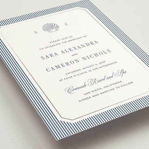 This is a ocean foil stamped wedding invitations with foil pressed by Kelly Schmidt called seashore printing on signature in standard
