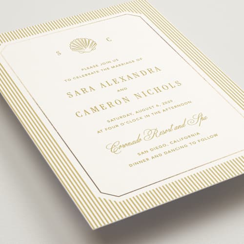 This is a lemon foil stamped wedding invitations with foil pressed by Kelly Schmidt called seashore printing on signature in standard