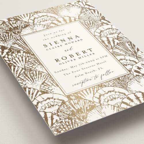 This is a pearl foil stamped wedding invitations with foil pressed by Maria Alou called by the seashore printing on signature in standard