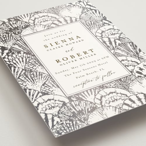 This is a pearl foil stamped wedding invitations with foil pressed by Maria Alou called by the seashore printing on signature in standard