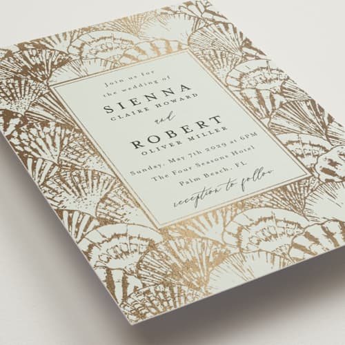 This is a sea foam foil stamped wedding invitations with foil pressed by Maria Alou called by the seashore printing on signature in standard