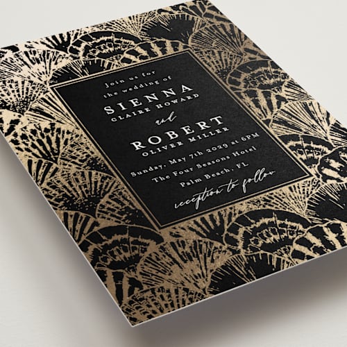 This is a onyx foil stamped wedding invitations with foil pressed by Maria Alou called by the seashore printing on signature in standard