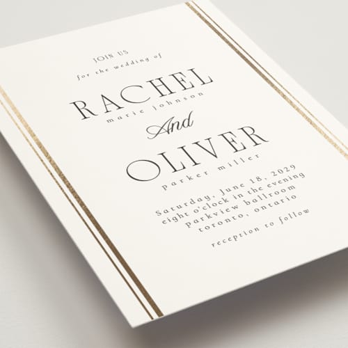 This is a pearl foil stamped wedding invitations with foil pressed by Nicole Walsh called side stripe printing on signature in standard