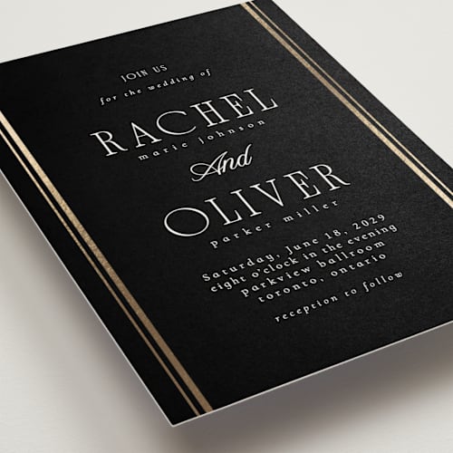 This is a onyx foil stamped wedding invitations with foil pressed by Nicole Walsh called side stripe printing on signature in standard