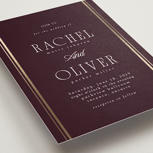This is a merlot foil stamped wedding invitations with foil pressed by Nicole Walsh called side stripe printing on signature in standard