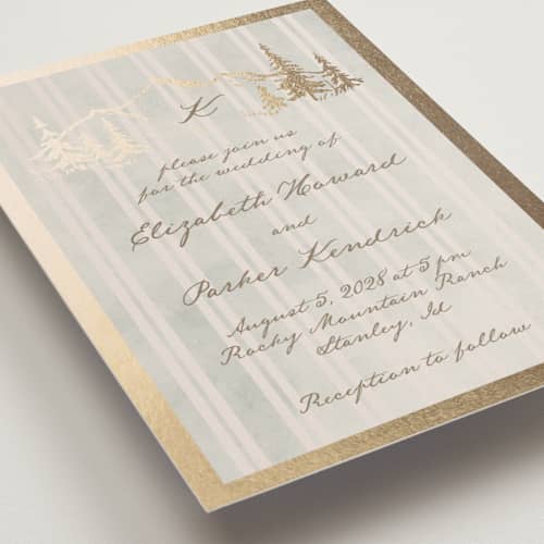 This is a dew foil stamped wedding invitations with foil pressed by Petra Kern called mountain love printing on signature in standard