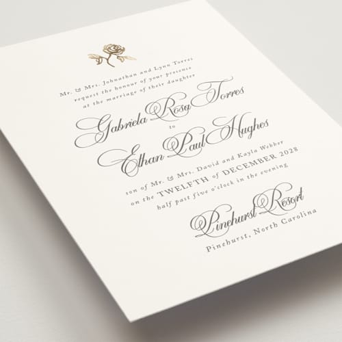 This is a classic bride foil stamped wedding invitations with foil pressed by Design Lotus called here with you printing on signature in standard