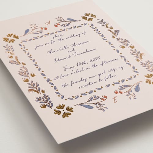 This is a wisteria foil stamped wedding invitations with foil pressed by Monika Konieczna called together in bloom printing on signature in standard