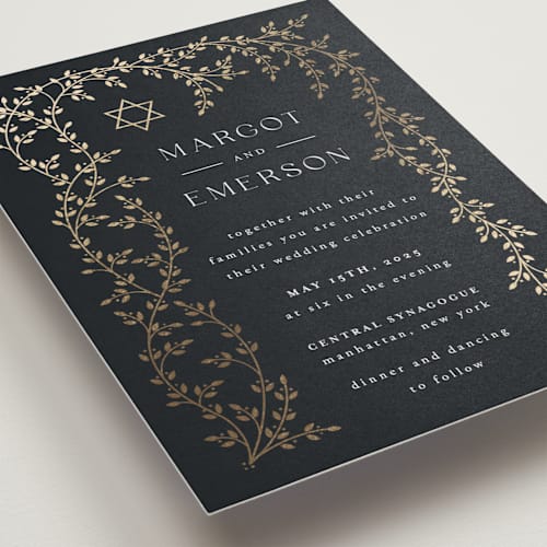 This is a midnight foil stamped wedding invitations with foil pressed by Ana de Sousa called beautiful chuppah printing on signature in standard